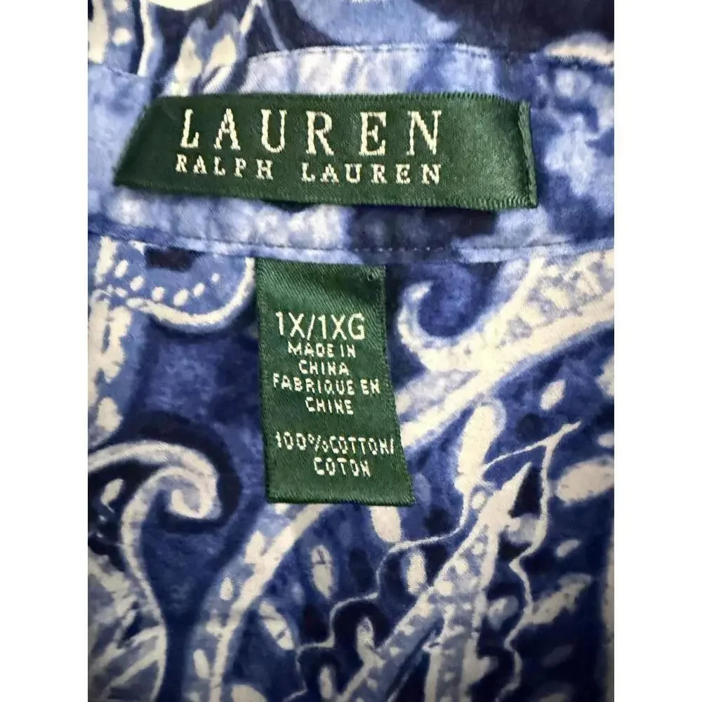 Lauren by Ralph Lauren women’s  blue paisley print button down shirt size 1X - Picture 4 of 6